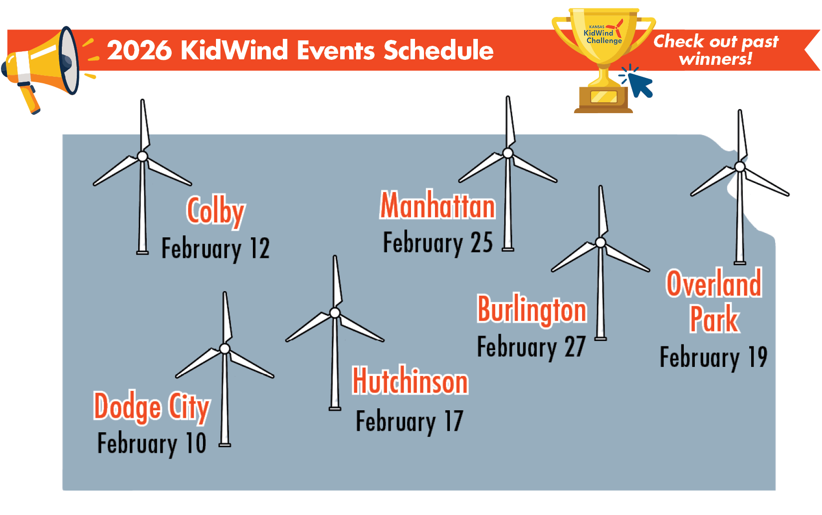 image of Kansas map outlining 2026 Kidwind Events Schedule