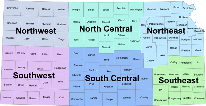 Map of the State of Kansas divided into six areas: Northwest, North Central, Northeast,  Southwest, South Central, Southeast. 