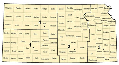 State-wide map indication county responsibilities of each district office
